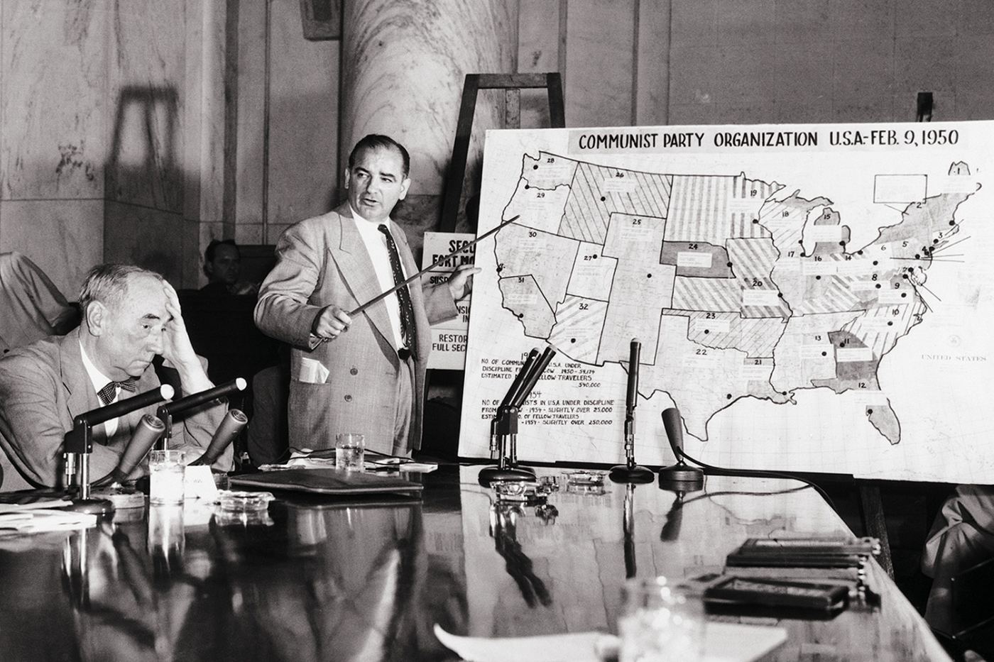 Senator Joseph McCarthy testifies against the U.S. Army during the Army-McCarthy hearings, Washington, DC, June 9, 1954. His anti-communist hysteria movement, primarily known as the Red Scare, left a mark on the U.S..jpg