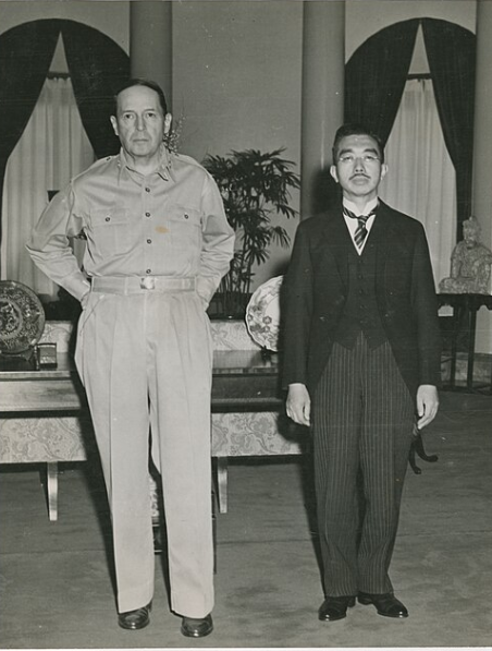 World War: General MacArthur and Emperor Hirohito at their first meeting, at the U.S. Embassy, Tokyo, September 27, 1945..png