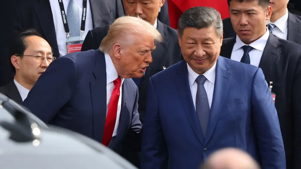 U.S. President Donald Trump and Chinese President Xi Jinping meet in Busan, South Korea, October 30 2025. (Photo: Yonhap News/Sipa USA).jpg