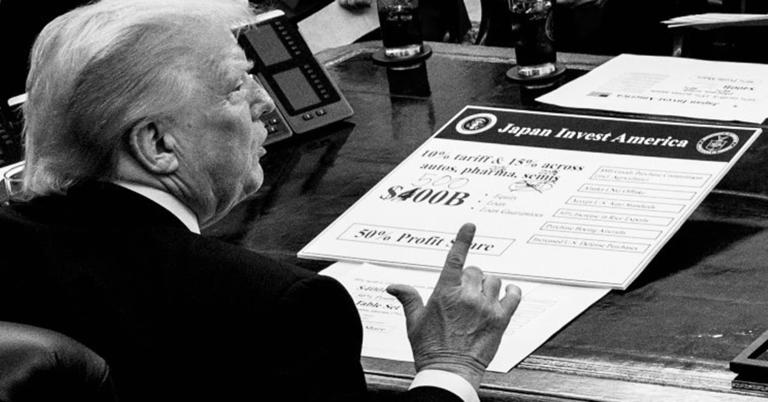 President Donald Trump discussing a U.S.-Japan trade agreement with a Japanese delegation and top White House aides in the Oval Office, July 22, 2025.