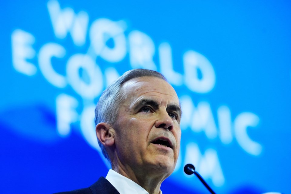 Prime Minister Mark Carney speaks during the Annual Meeting of the World Economic Forum in Davos, Switzerland, Tuesday, Jan. 20, 2026. (AP Photo Markus Schreiber).jpg