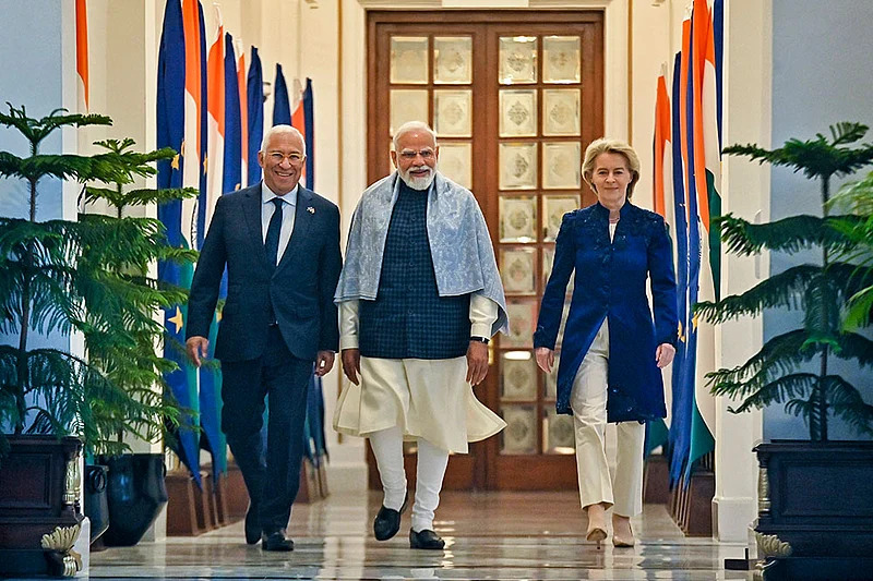 Indian Prime Minister Narendra Modi with European Council President Antonio Costa, left, and European Commission President Ursula von der Leyen, right, during their meeting at the Hyderabad House, in New Delhi on Jan 27, 2026.