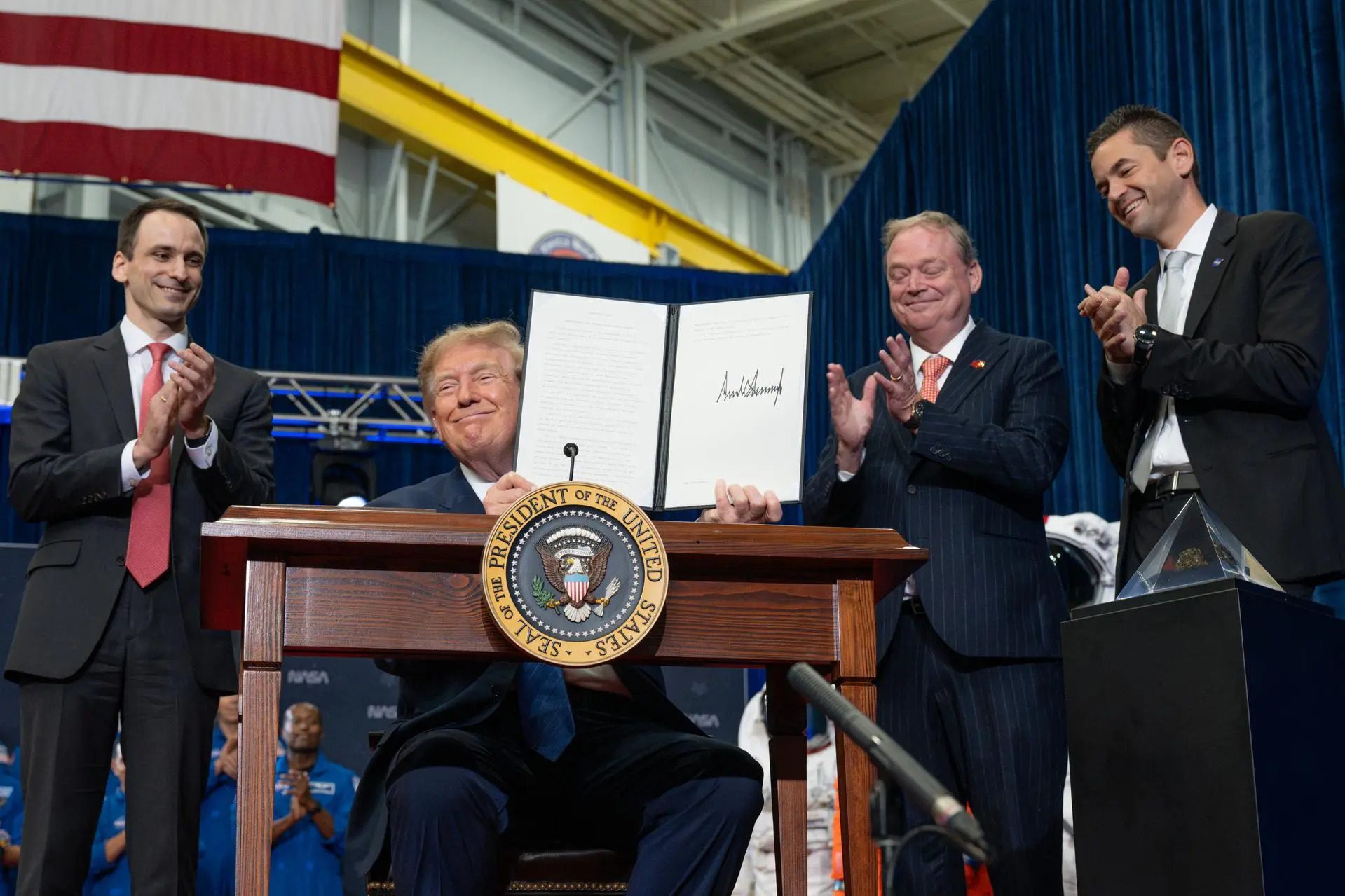 U.S. President Donald Trump presents an executive order establishing the United States Space Academy on Aug 28, 2026, at NASA's Johnson Space Center in Houston. (Credit: NASA/John Kraus).jpg